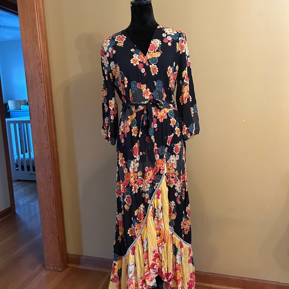 FARM Rio Black Floral Maxi Dress with Yellow Accents
